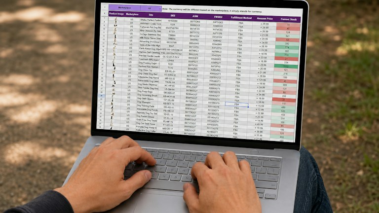 Person working on a laptop with a spreadsheet outdoors