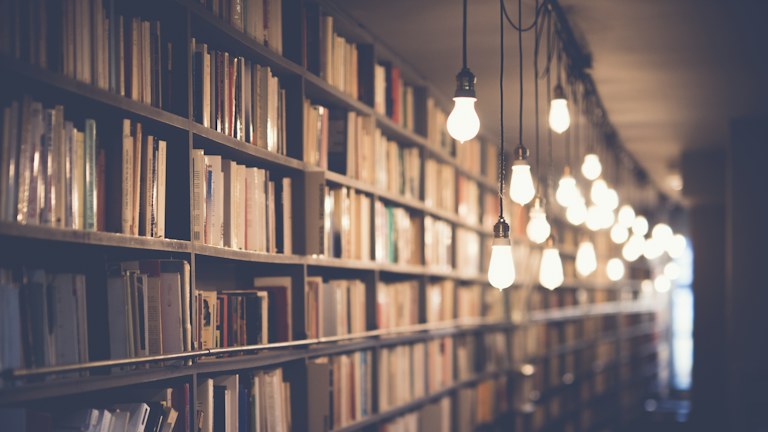 photo of library with turned on lights